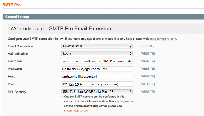 Ustawienia SMTP dla Magento